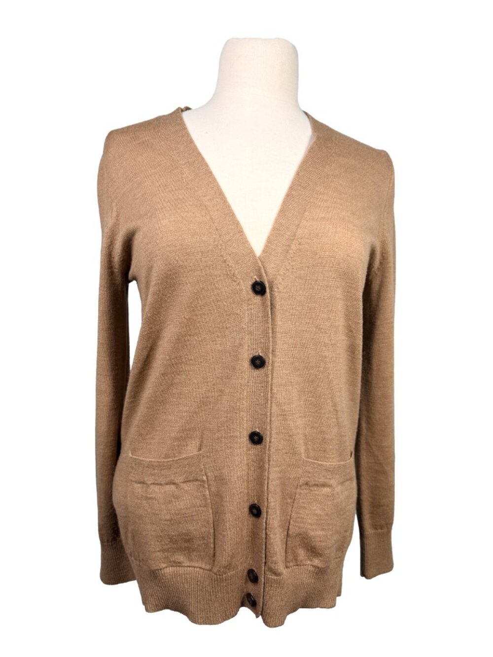 J.Crew Eden Cardigan Womens M 100% Merino Wool Camel Brown Long Sweater FA11